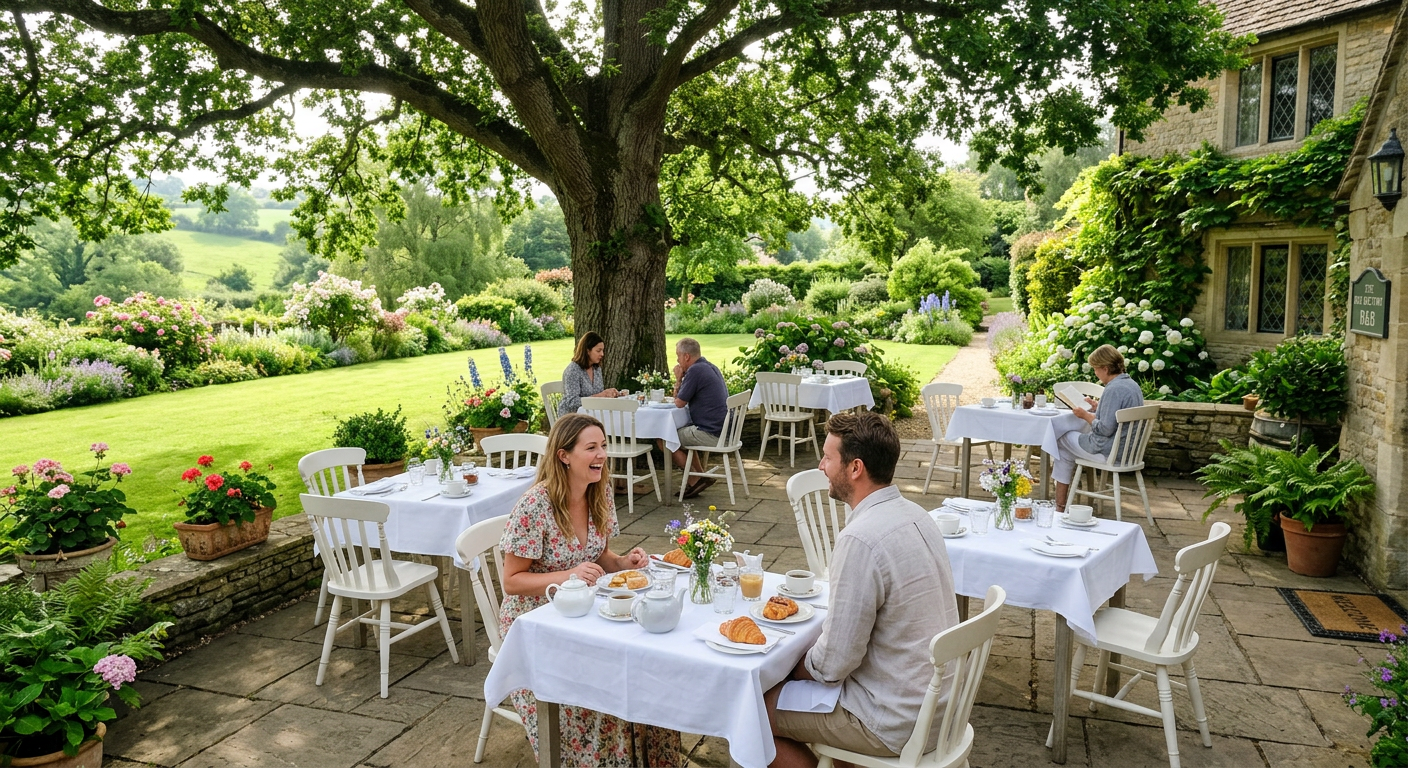 Breakfast tables on the garden terrace beneath the oak