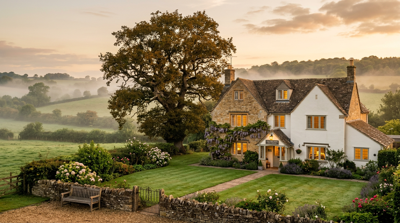 Gordon's BnB house beside a great oak tree at golden hour